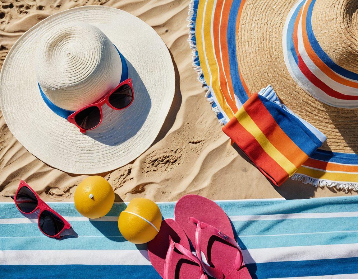 A sunny beach scene showcasing an array of colorful beach accessories like stylish sunglasses, vibrant beach towels, a chic sunhat, and a trendy beach bag, all arranged artistically on the sand. In the background, gentle waves and clear blue skies add to the vacation vibe. The overall composition should evoke a sense of relaxation and style, inviting viewers to imagine their perfect beach getaway. super-realistic. vibrant colors. sunny atmosphere.