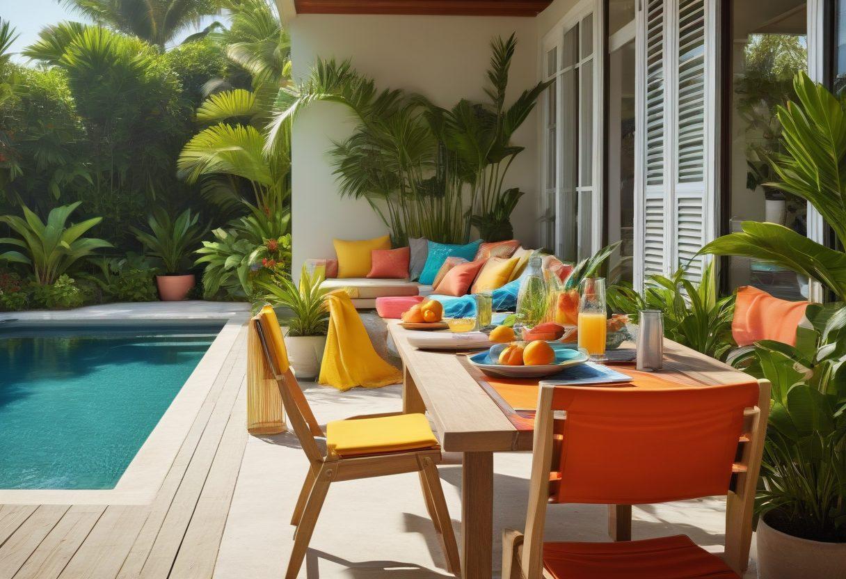 A colorful summer wardrobe display featuring stylish yoga wear, vibrant swimwear, and chic poolside accessories draped elegantly on a sunlit balcony. Incorporate elements like tropical plants, a sparkling pool in the background, and a refreshing drink on a table. Emphasize the transition from active wear to relaxed summer fashion in a lively and inviting atmosphere. super-realistic. vibrant colors. beach-themed.